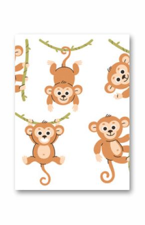Adorable monkey vector set, playful animal cartoon characters on white background