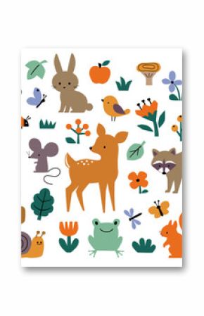 Vector set of cute woodland animals, birds, trees, mushrooms, flowers and leaver in cartoon naive style isolated on white background.
