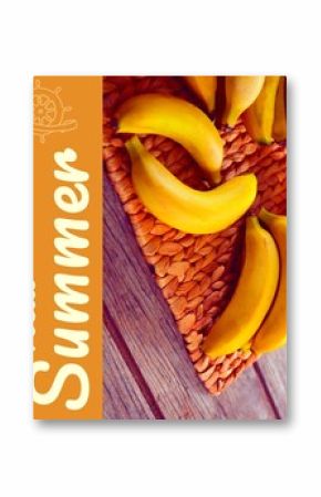 Composite of hello summer text and fresh bananas on wicker mat over wooden table, copy space