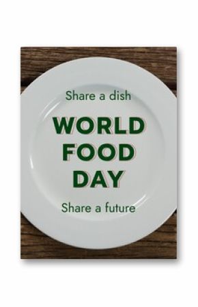 Composite of share a dish, world food day, share a future text on white empty plate over table