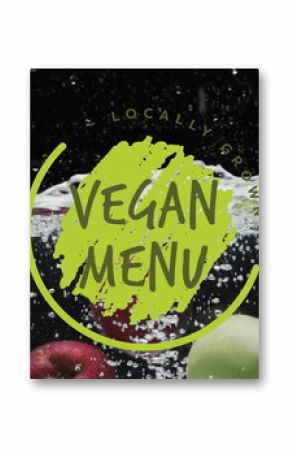 Image of vegan menu text over fruit falling in water background