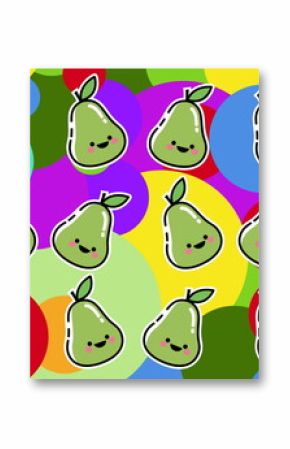 Image of smiling pears in rows over colourful spots