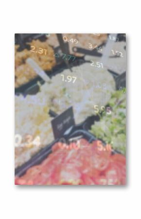 Image of graphs with numbers over various food arranged in buffet at restaurant