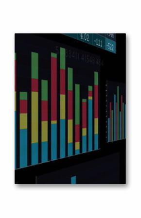 Colorful bar graphs and charts displayed on multiple screens