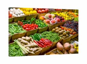 Fruit market with various colorful fresh fruits and vegetables