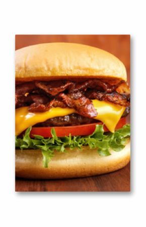 Bacon burger with beef patty on red wooden table
