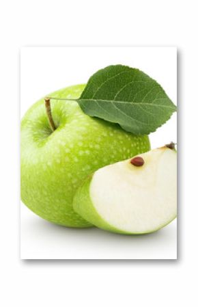 Green apple with leaf and slice isolated on a white