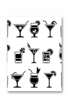 Cocktails and drinks vector black icons. Drink cocktail alcohol and cocktail with straw and fruit illustration