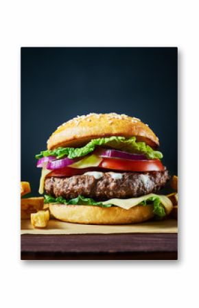 Craft beef burger and french fries on wooden table isolated on dark background.