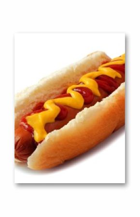 Hot dog with mustard and ketchup, side view isolated on a white background