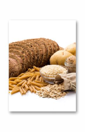 Group of whole foods, complex carbohydrates isolated on a white background