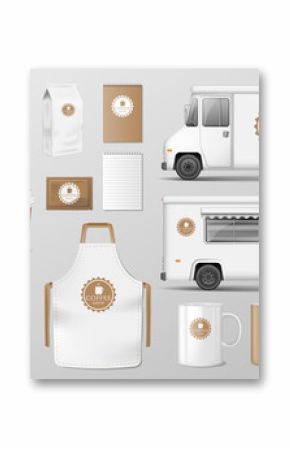 Zestaw makiet do kawiarni, kawiarni lub restauracji. Kawowy pakiet żywności dla projektu identyfikacji wizualnej. Realistyczny zestaw tektury, ciężarówka z jedzeniem, kubek, paczka, koszula, menu