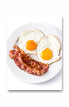 Fried eggs and bacon for breakfast isolated on white background. Top view