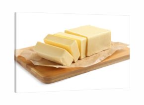 Wooden board with cut block of butter on white background