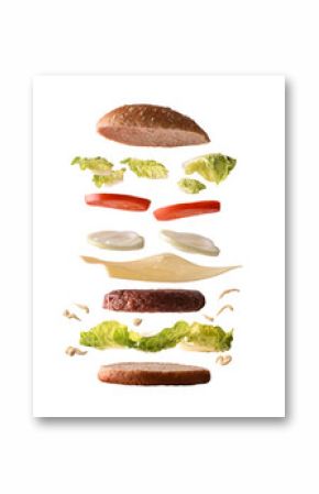 Zestaw różnych hamburgerów ze składników warstwami biały na białym tle