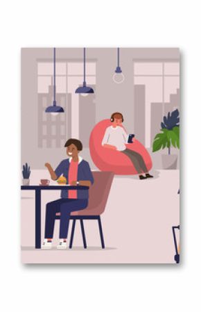 Young People Characters Dinning and Working in modern Coffehouse. Woman and Man Talking and Drinking Coffee. Coworking Loft Office with Cafe. Flat Cartoon Vector Illustration.