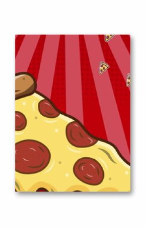Image of pizza icons over stripes on red background