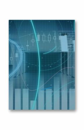 Projecting translucent bar charts across futuristic corridor pillars, with glossy floor reflections