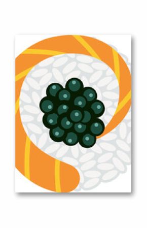 Flat design is showing sushi roll with rice, salmon yin-yang and roe on transparent background