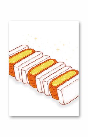 Flat egg sandwich slices are lining diagonally, yellow filling, sparkles, transparent background