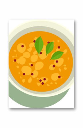 bowl of orange soup floating in flat style with green leaves, pepper dots, transparent background