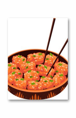 Vector bowl showing sesame balls with scallions and chopsticks on transparent backdrop, copy space