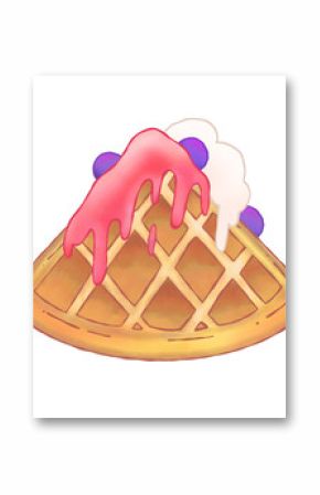 Cartoon waffle is dripping pink-white sauce on purple berries on transparent backdrop