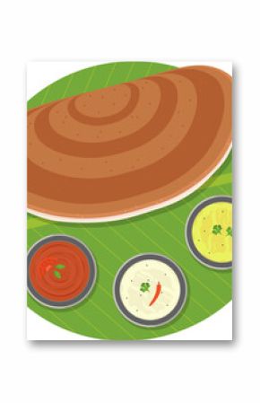 Flat design is showing Indian dosa on banana leaf with three chutney bowls, transparent background