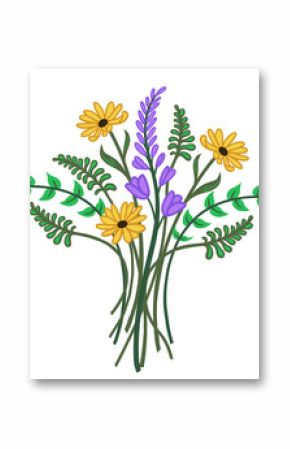 Wildflower bouquet is being shown in flat transparent design with yellow daisies, purple tubes