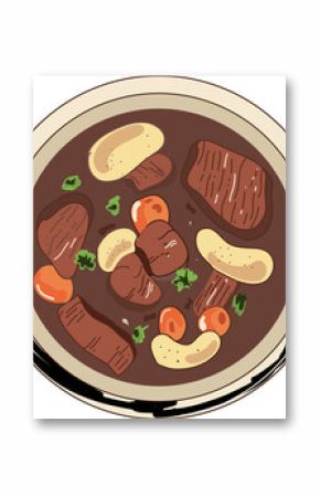 Top-down flat design cooking pot is floating on transparent background, holding rich brown stew