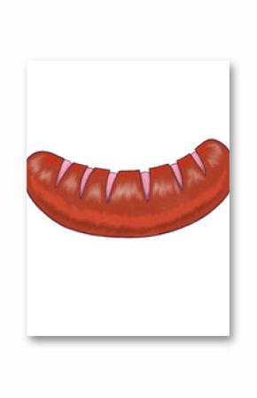 Flat design red sausage is showing six diagonal slits on transparent background with glossy shading