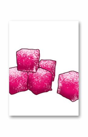 Five sugar-coated pink gummy cubes are floating on transparent background in 3D render style