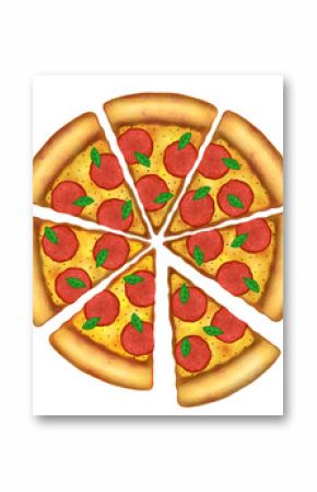 Flat design eight pizza slices are showing cheesy pepperoni and basil on transparent background