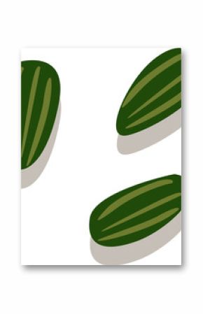 Three flat design seed shapes are floating diagonally on transparent background with green stripes