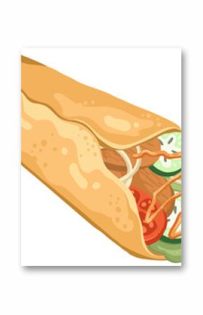 Flat design is showing wrap bulging with veggies, meat, onion and sauce on transparent background