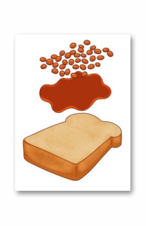 cartoon flat design is showing toast with sauce puddle and beans floating on transparent background