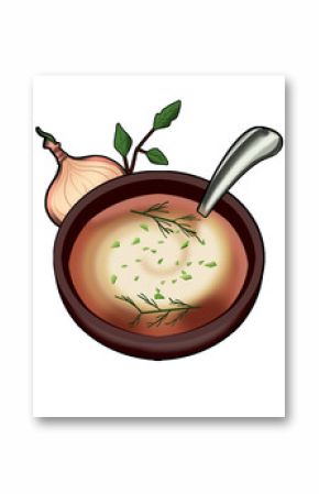 Bowl of creamy herb-topped soup is featuring metal spoon and onion leaves on transparent background