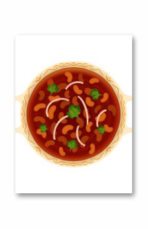 Flat vector is showing dish with red bean stew topped with onion slices and cilantro, transparent