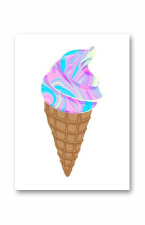 Pastel swirl soft-serve in waffle cone is appearing in flat design on transparent background