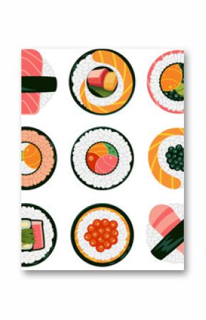 Flat design sushi set is being shown on transparent background, highlighting rice, seaweed, salmon