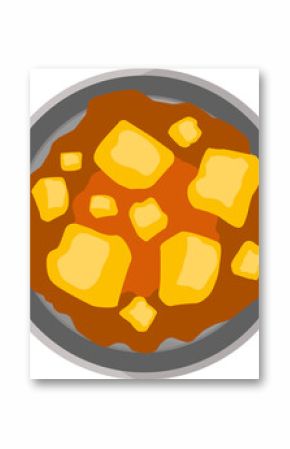 Flat illustration showing gray plate with orange stew and yellow chunks on transparent background