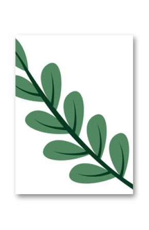 Flat leafy branch is curving on transparent background, with dark green stem and light green leaves