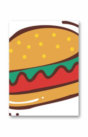 Flat cartoon hamburger is floating on transparent background showing sesame seed bun and layers