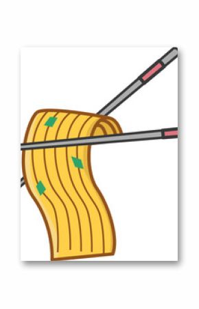 Flat design yellow noodles are draping on chopsticks with pink bands, green bits on transparent