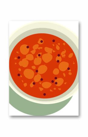 Top-down flat design showing bowl with red soup, chunks and spices on green plate, clear background