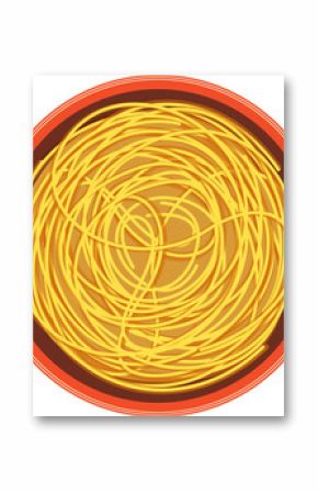 Spaghetti noodles are filling flat design top-down bowl with red-orange rim on transparent backdrop