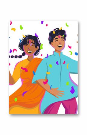 Flat art showing couple dancing in Indian attire under floating confetti on transparent background