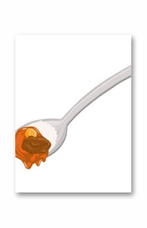 Spoon is holding white rice dripping curry sauce and meat chunk, flat design transparent backdrop