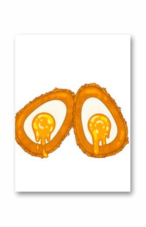 Flat design is showing two breaded egg halves in crispy coating, runny yolk on transparent backdrop