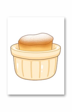 Soufflé is rising in flat design ceramic ramekin, with powdered sugar on transparent background